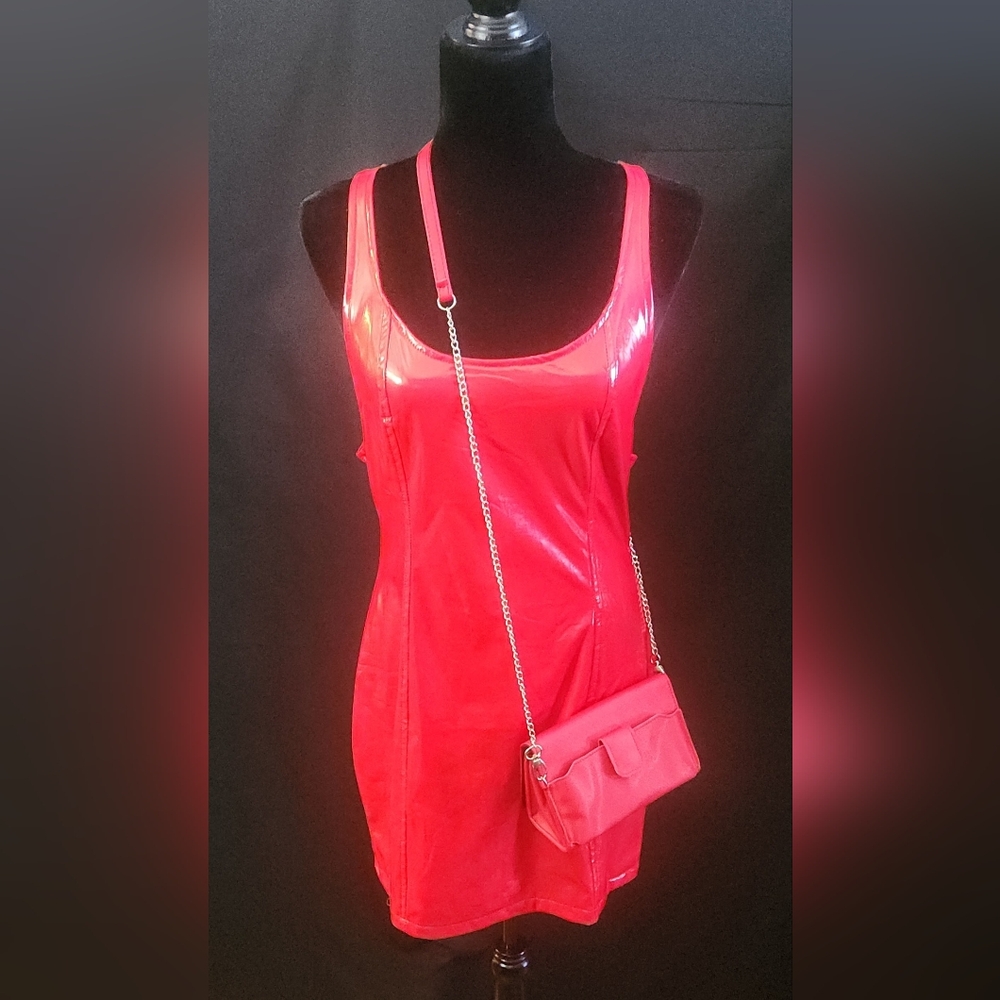 Vinyl Mini Dress in Vibrant Red Size L - Picture 6 of 16